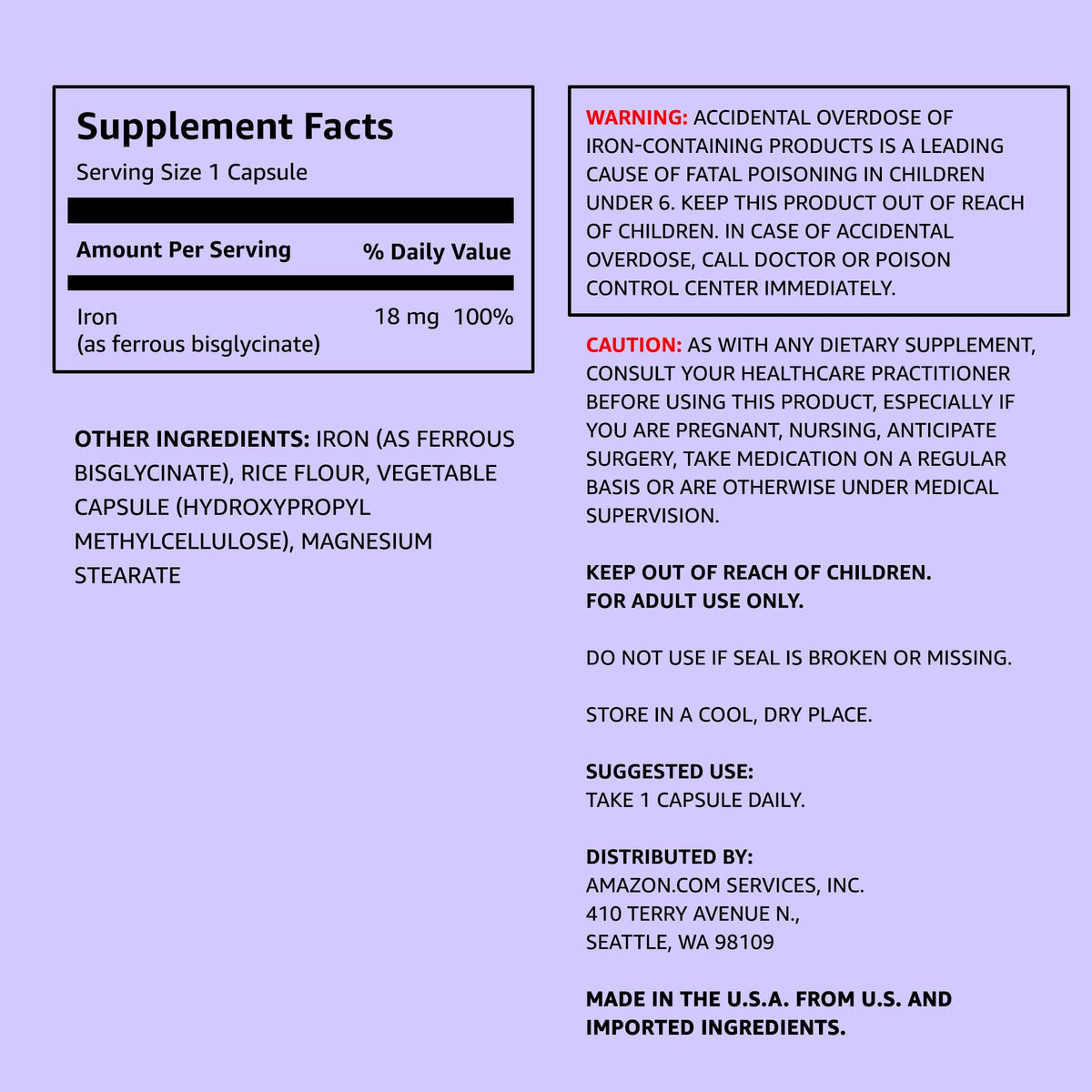 Capsules de fer 18mg Elements, vue rapprochée
