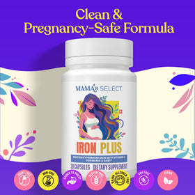 Capsules de fer prénatal Mama's Select sur une surface en bois