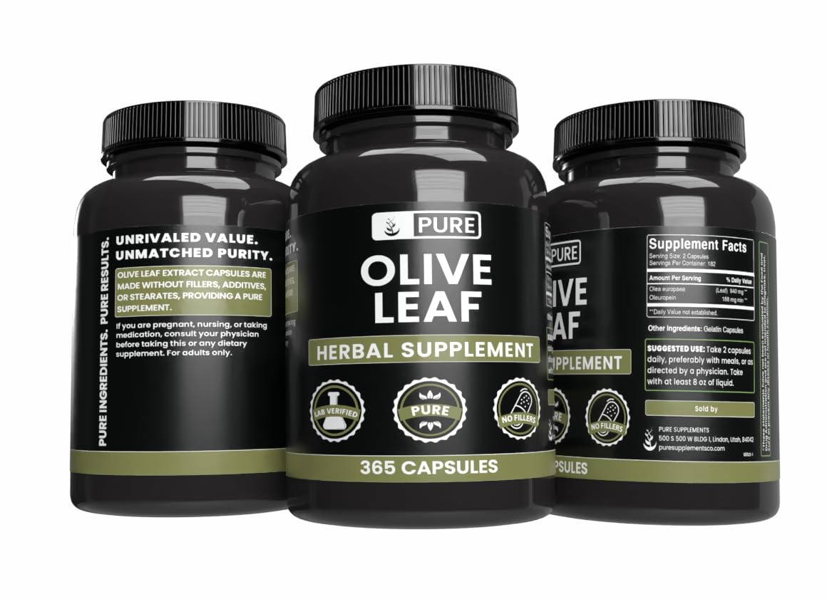 Capsules de Feuille d'Olivier PURE ORIGINAL INGREDIENTS avec étiquette détaillée