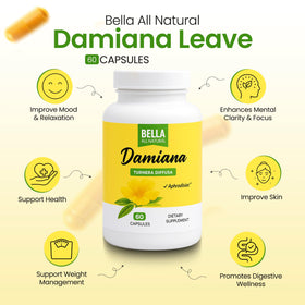 Capsules de feuilles de damiana Bella All Natural sur fond blanc