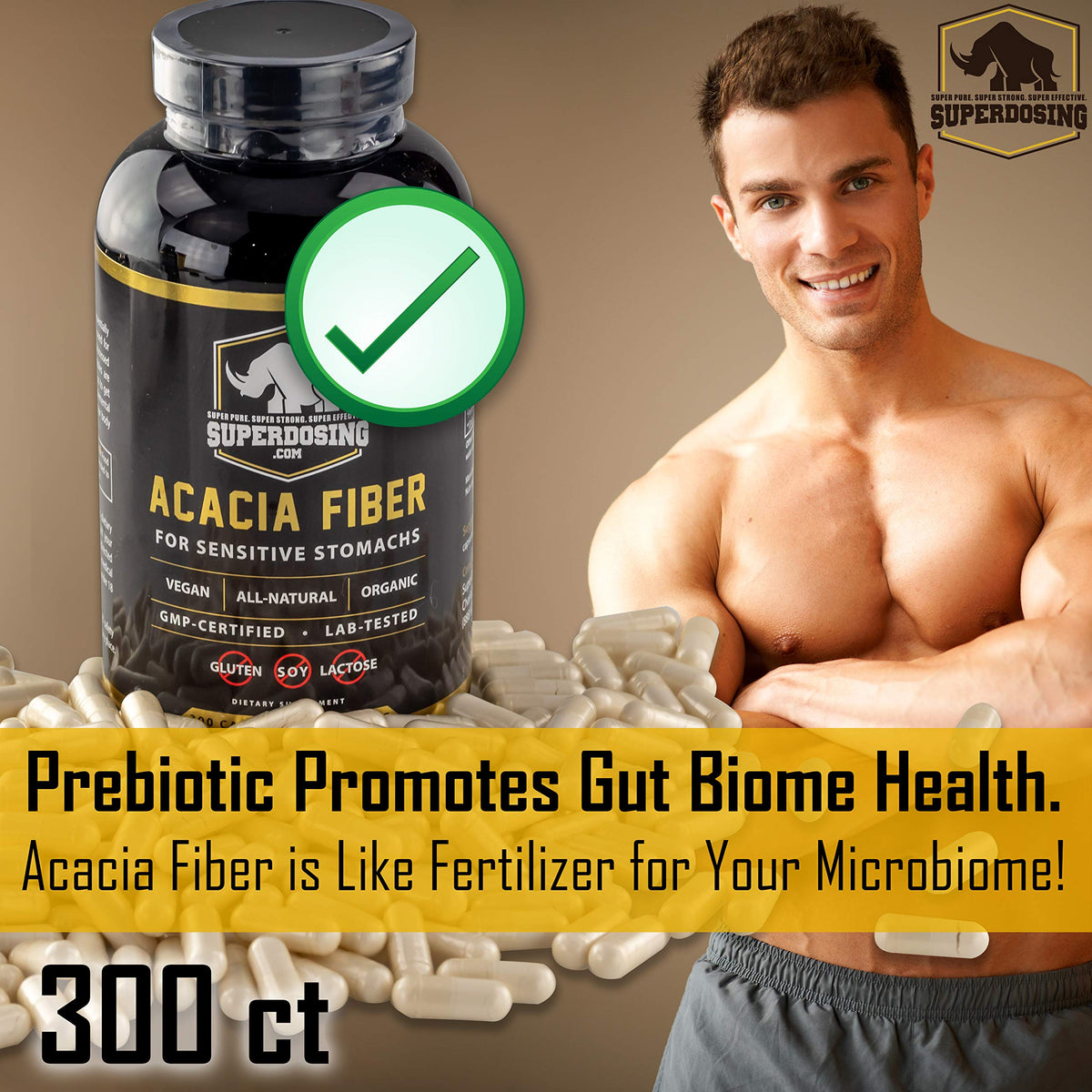 Capsules de Fibre d'Acacia Sénégal SuperDosing.com, vue de près