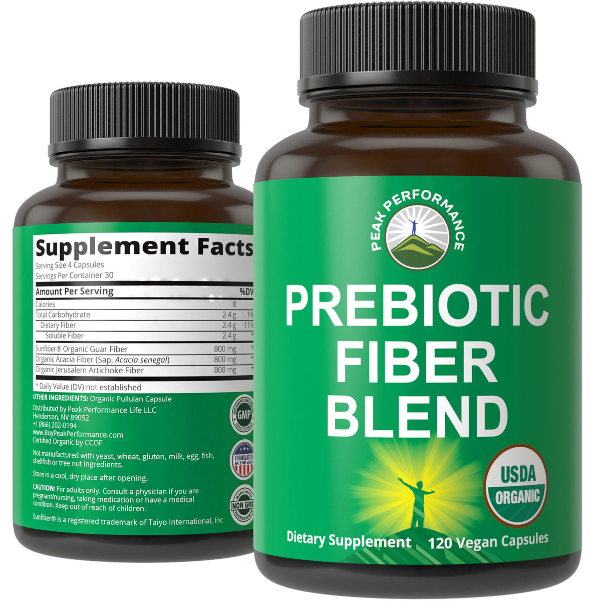 Capsules de fibres prébiotiques bio 3-en-1 Peak Performance en bouteille