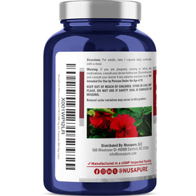 Capsules de fleur d'hibiscus NusaPure 500mg sur un fond neutre