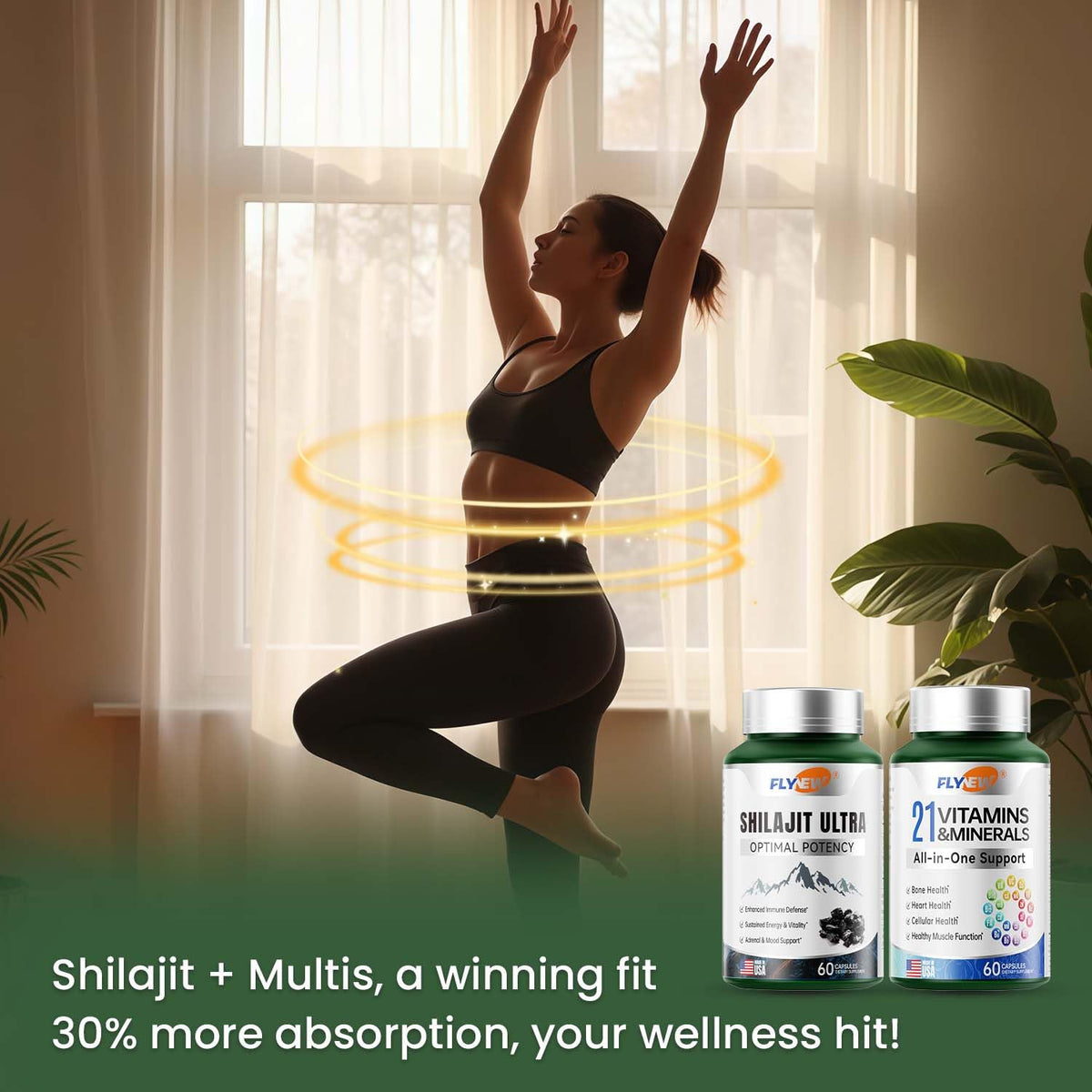 Capsules de Flynew Shilajit et Multivitamines sur fond blanc