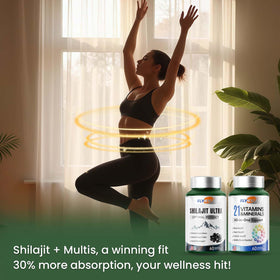 Capsules de Flynew Shilajit et Multivitamines sur fond blanc