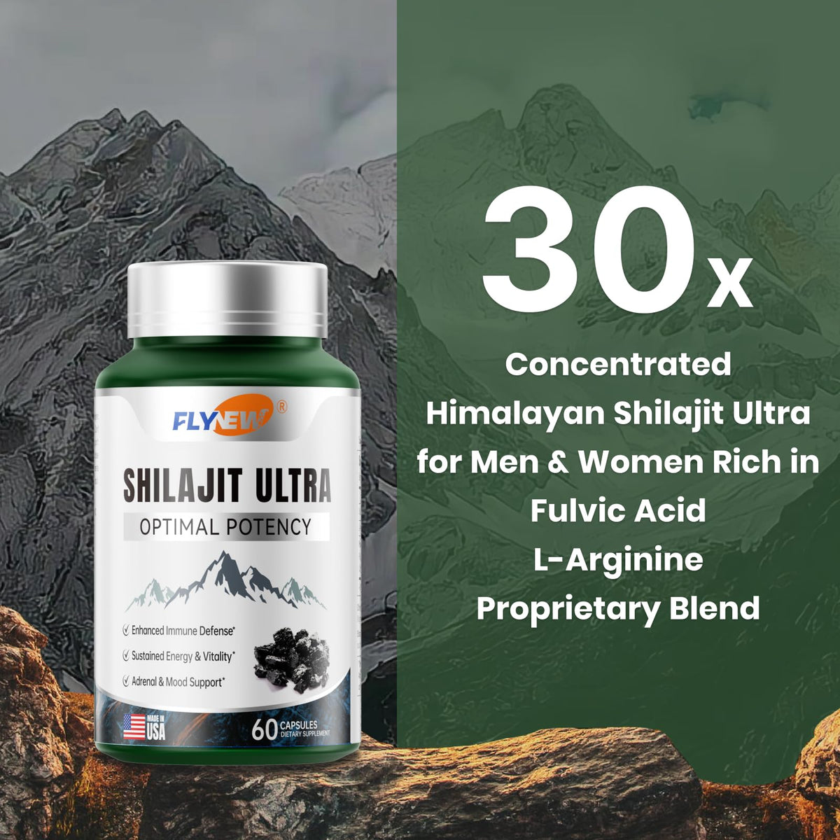 Capsules de Flynew Shilajit sur une surface blanche