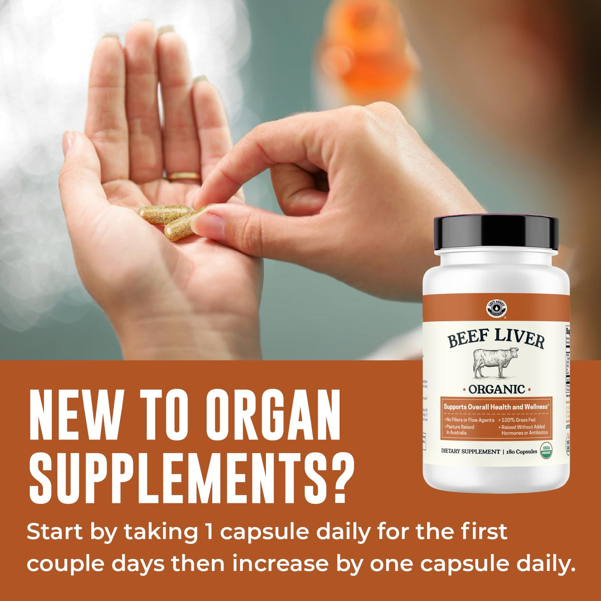 Capsules de foie de boeuf bio Left Coast Performance sur un fond neutre