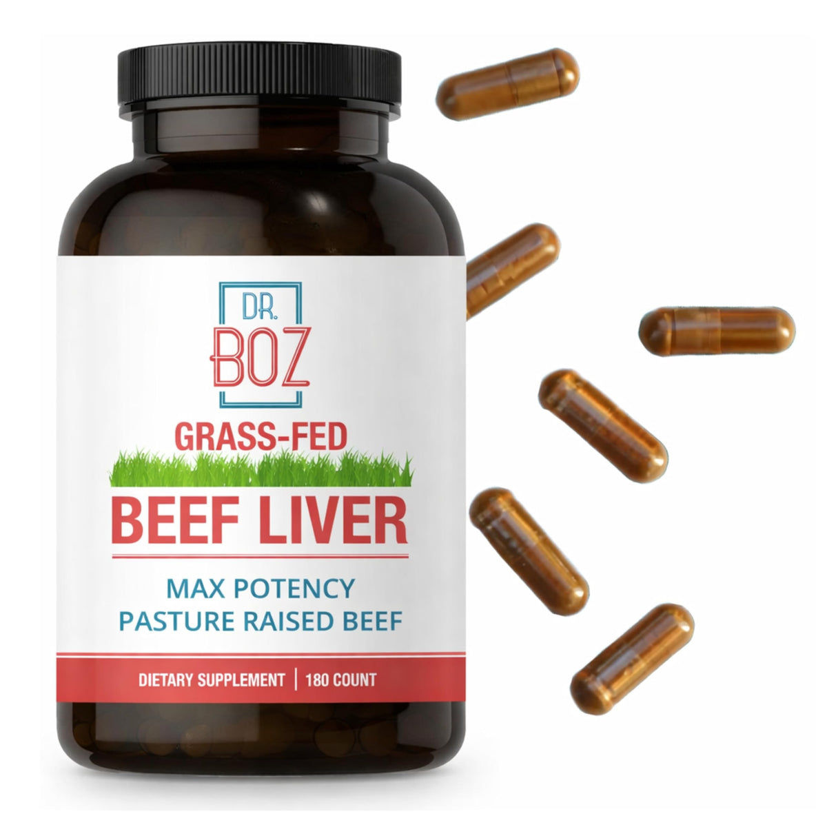 Capsules de foie de boeuf Dr. Boz, 180 comprimés, vue de face