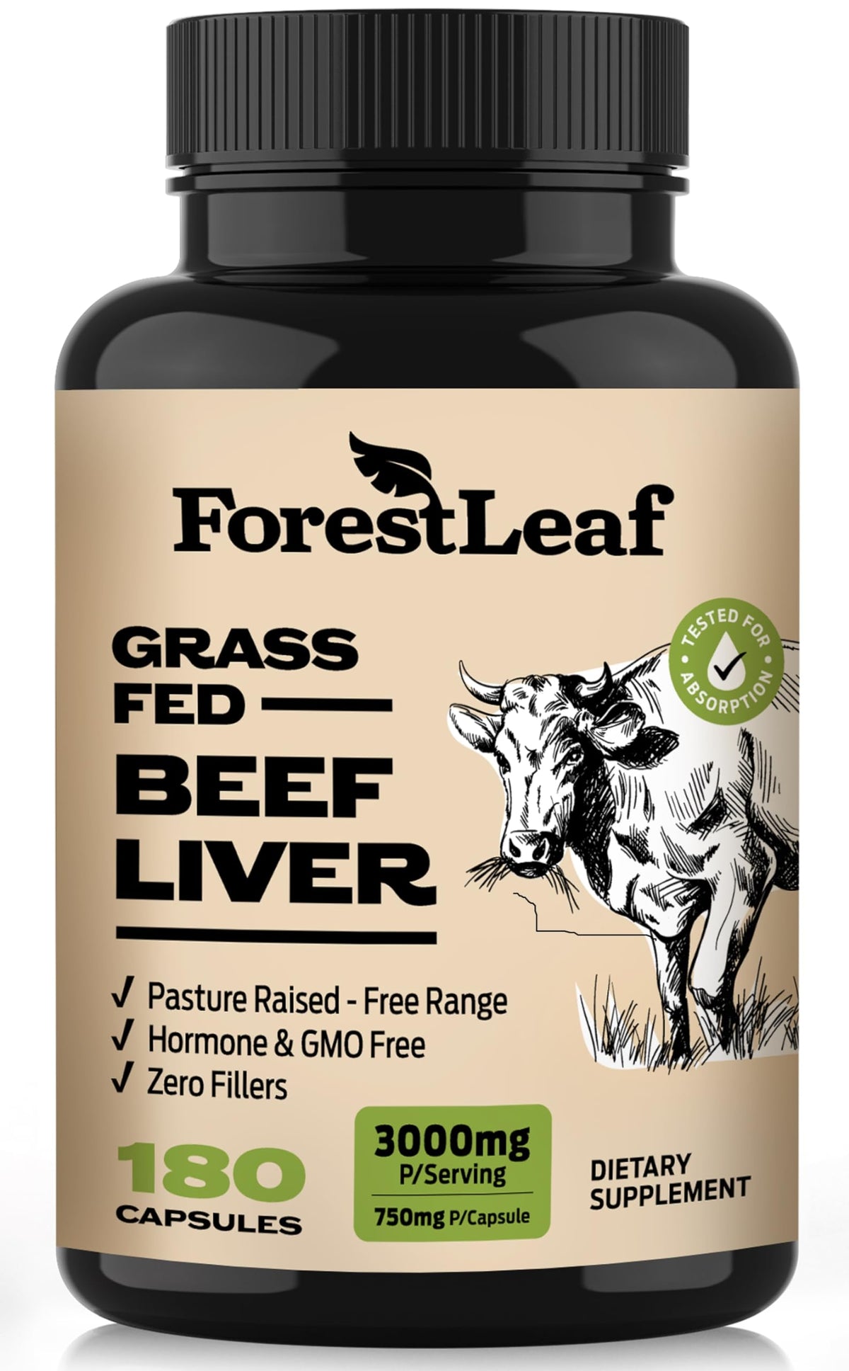 Capsules de foie de boeuf ForestLeaf 3000mg, flacon de 180 capsules