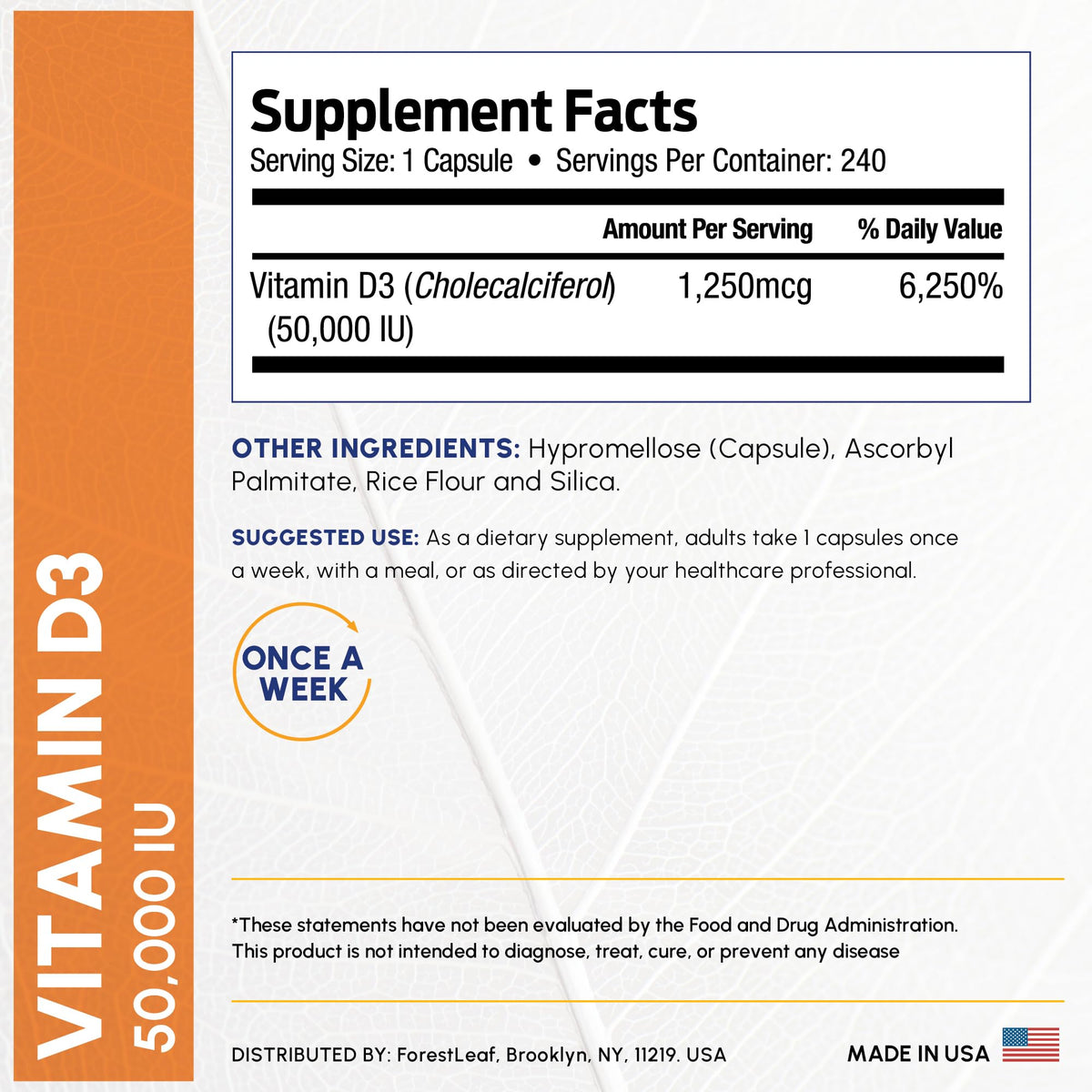 Capsules de ForestLeaf Vitamine D3 50000 UI sur une table