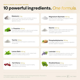 Capsules de Formulation Factory The Night Before sur fond blanc