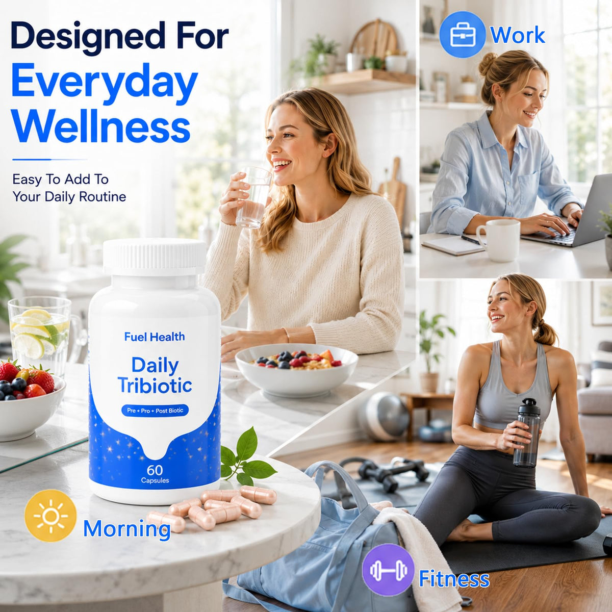 Capsules de Fuel Health Tribiotic dans un verre d'eau