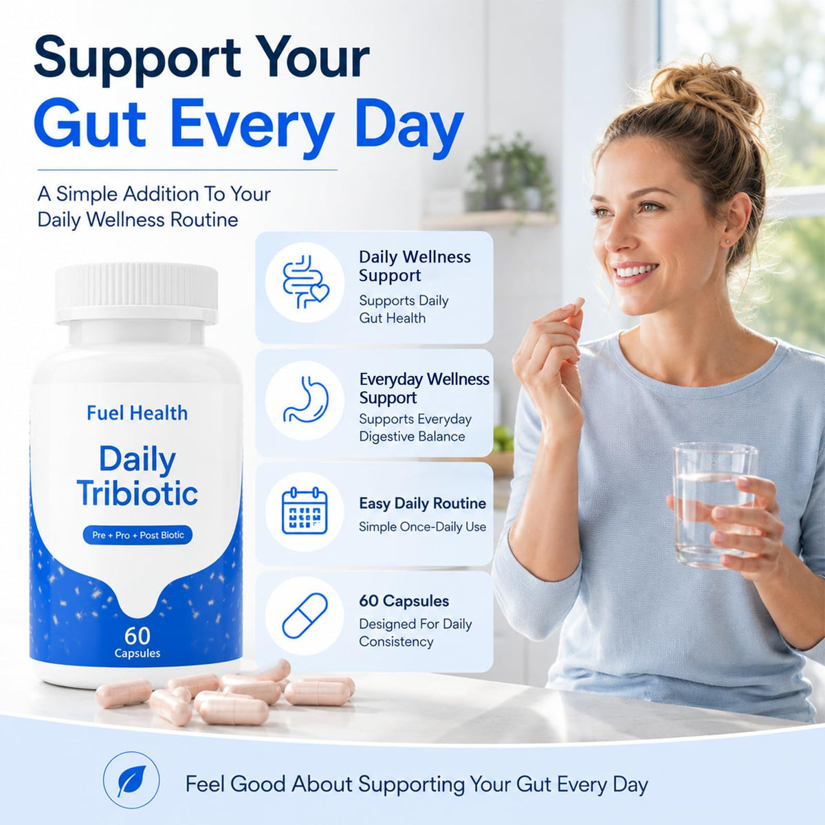 Capsules de Fuel Health Tribiotic sur une surface blanche
