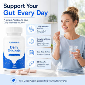 Capsules de Fuel Health Tribiotic sur une surface blanche