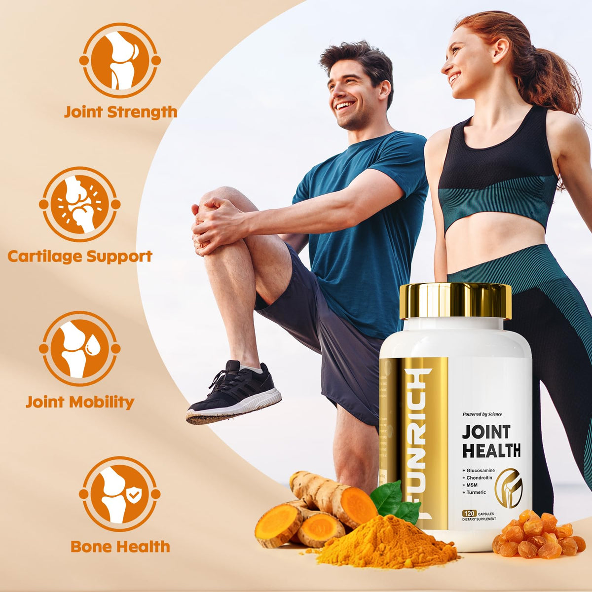 Capsules de FUNRICH Glucosamine Chondroitin MSM 136g sur une surface.