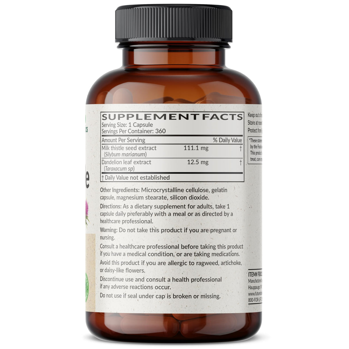 Capsules de Futurebiotics Chardon-Marie + Pissenlit sur fond blanc