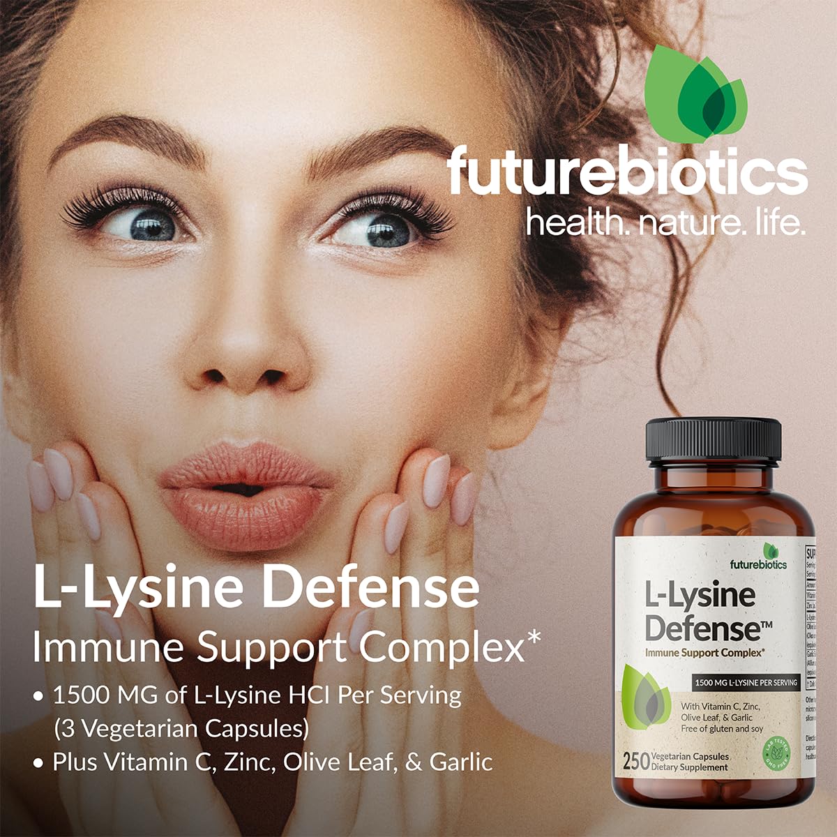 Capsules de Futurebiotics L-Lysine Defense en gros plan
