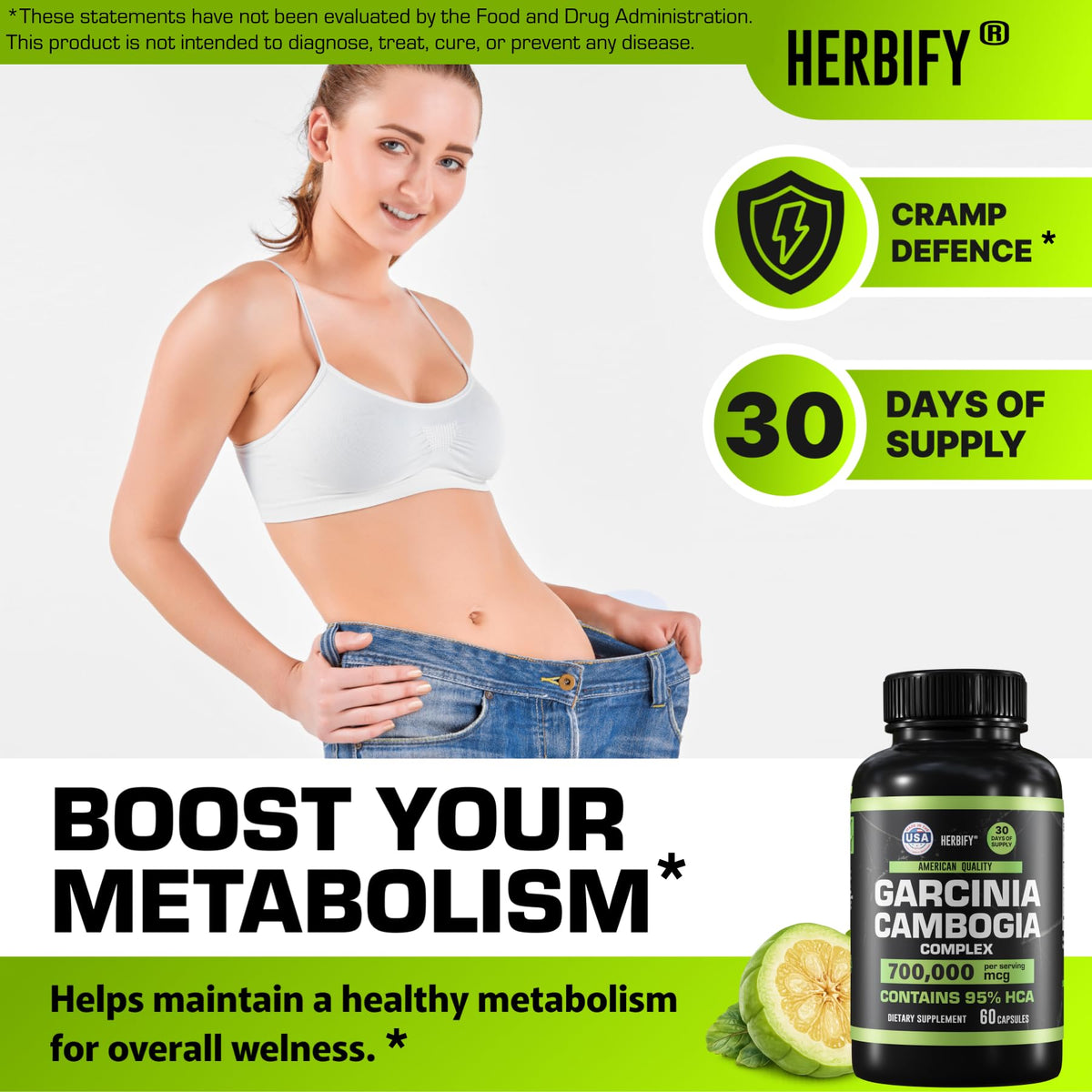 Capsules de Garcinia Cambogia HERBIFY sur une surface blanche
