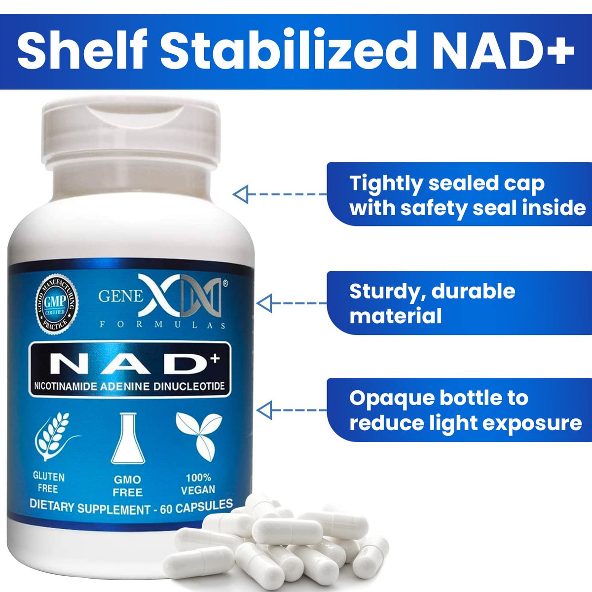 Capsules de Genex Formulas NAD+ 250mg sur une surface blanche