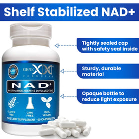Capsules de Genex Formulas NAD+ 250mg sur une surface blanche