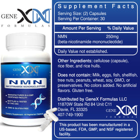 Capsules de Genex Formulas NMN 250 mg sur une surface blanche