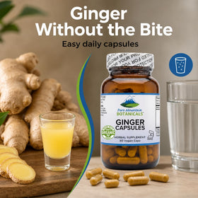 Capsules de gingembre bio sur une table en bois