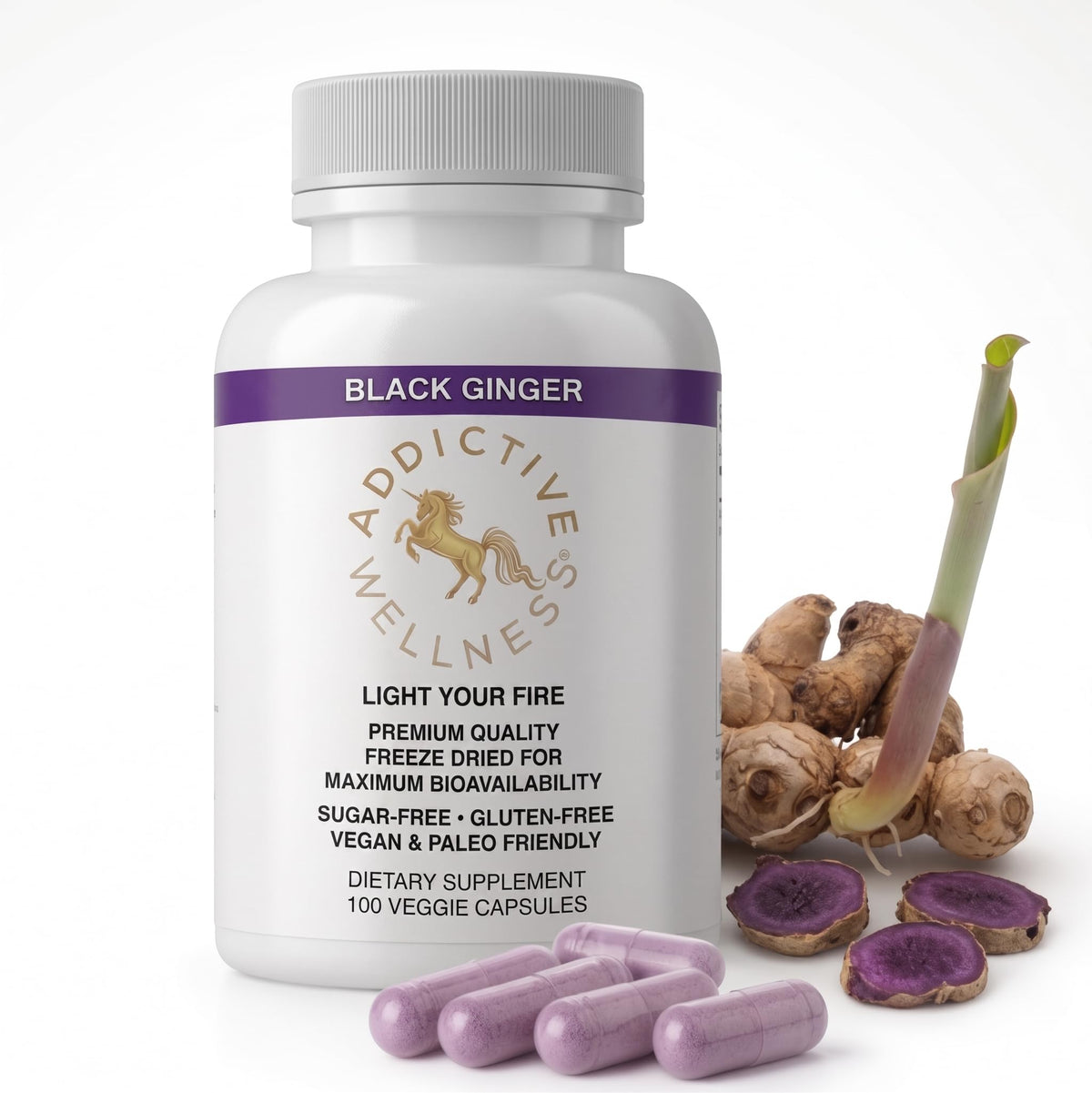 Capsules de gingembre noir Addictive Wellness en flacon de 100 unités