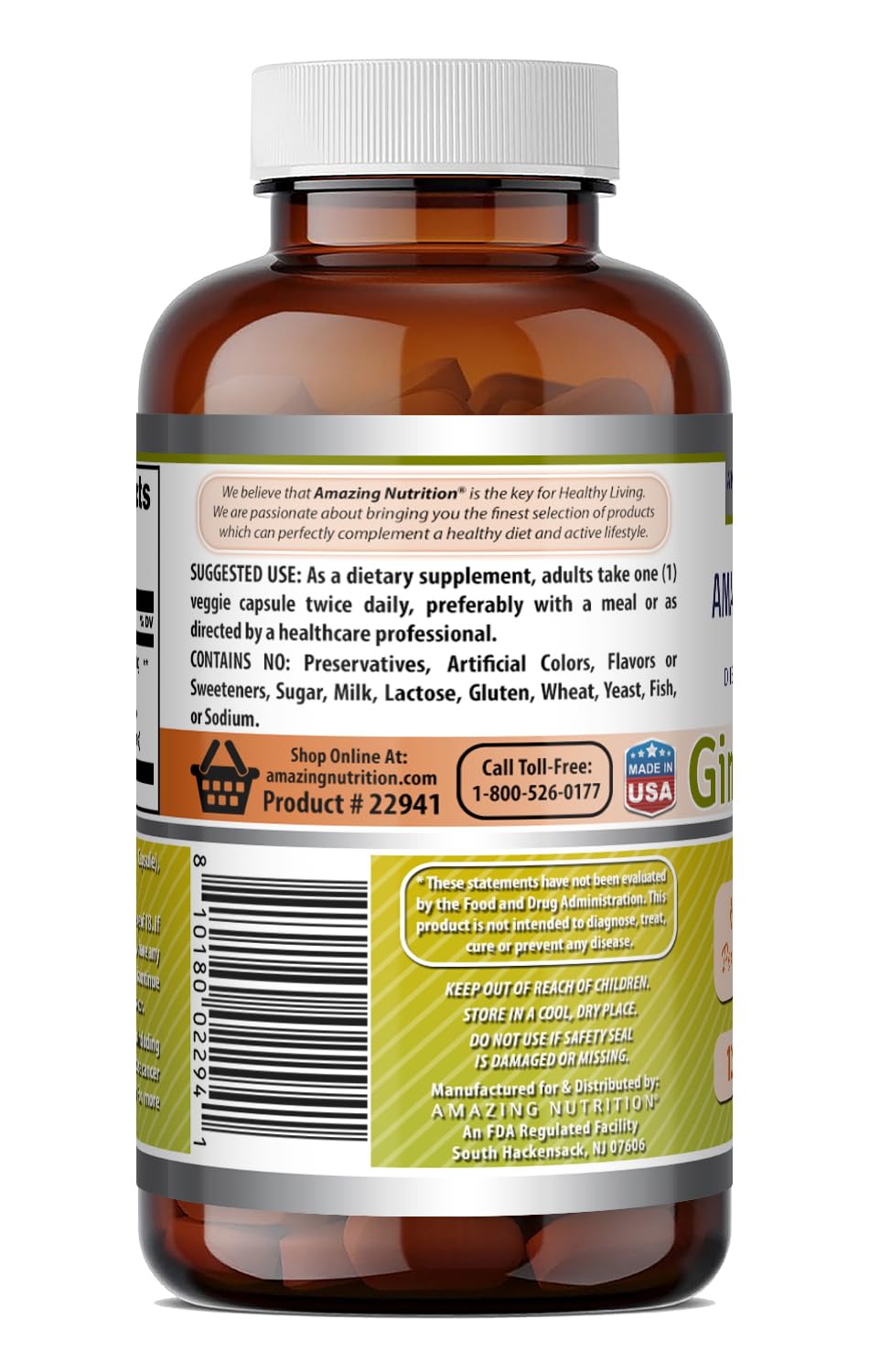 Capsules de Ginkgo Biloba Amazing Nutrition sur un fond blanc