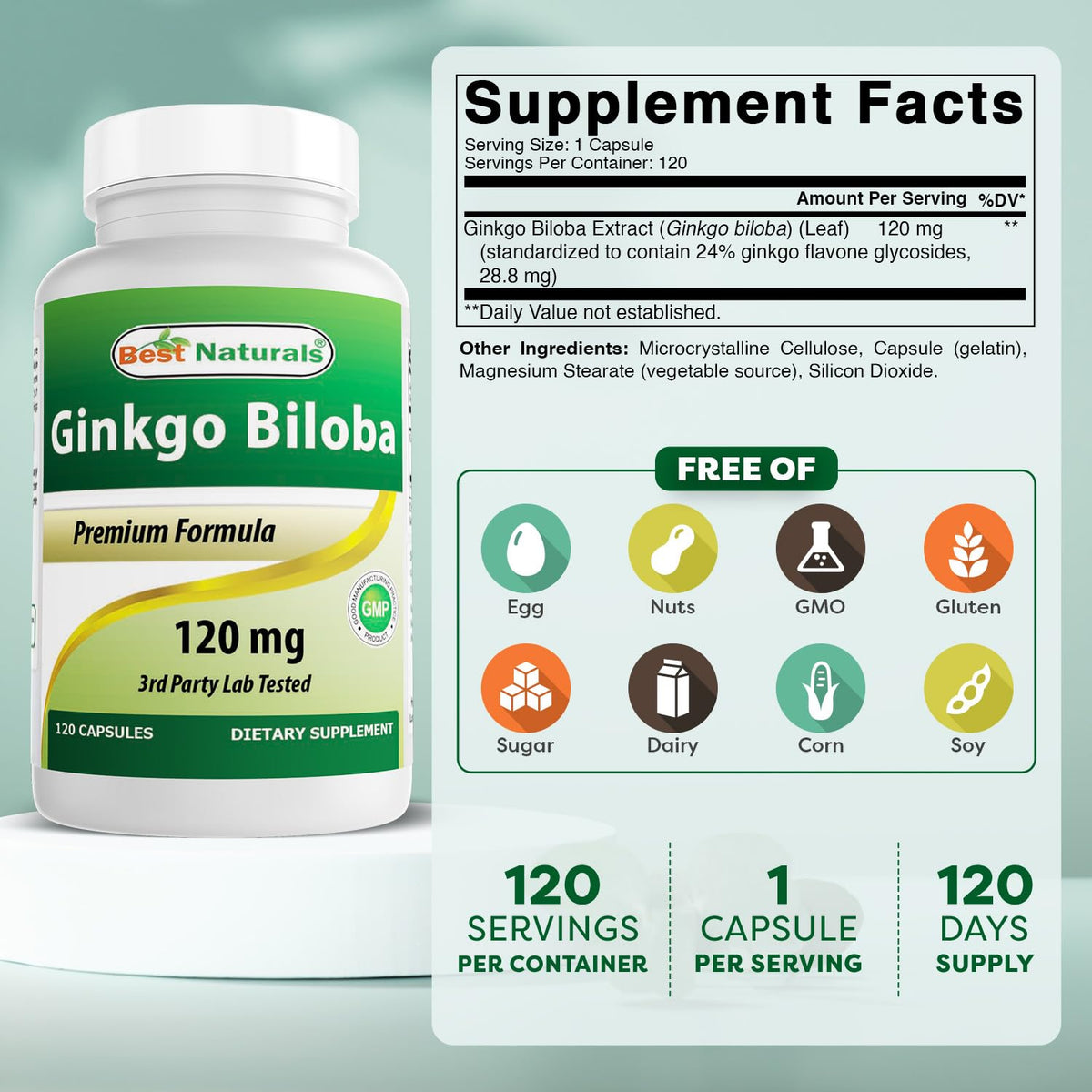 Capsules de Ginkgo Biloba Best Naturals sur une surface en bois