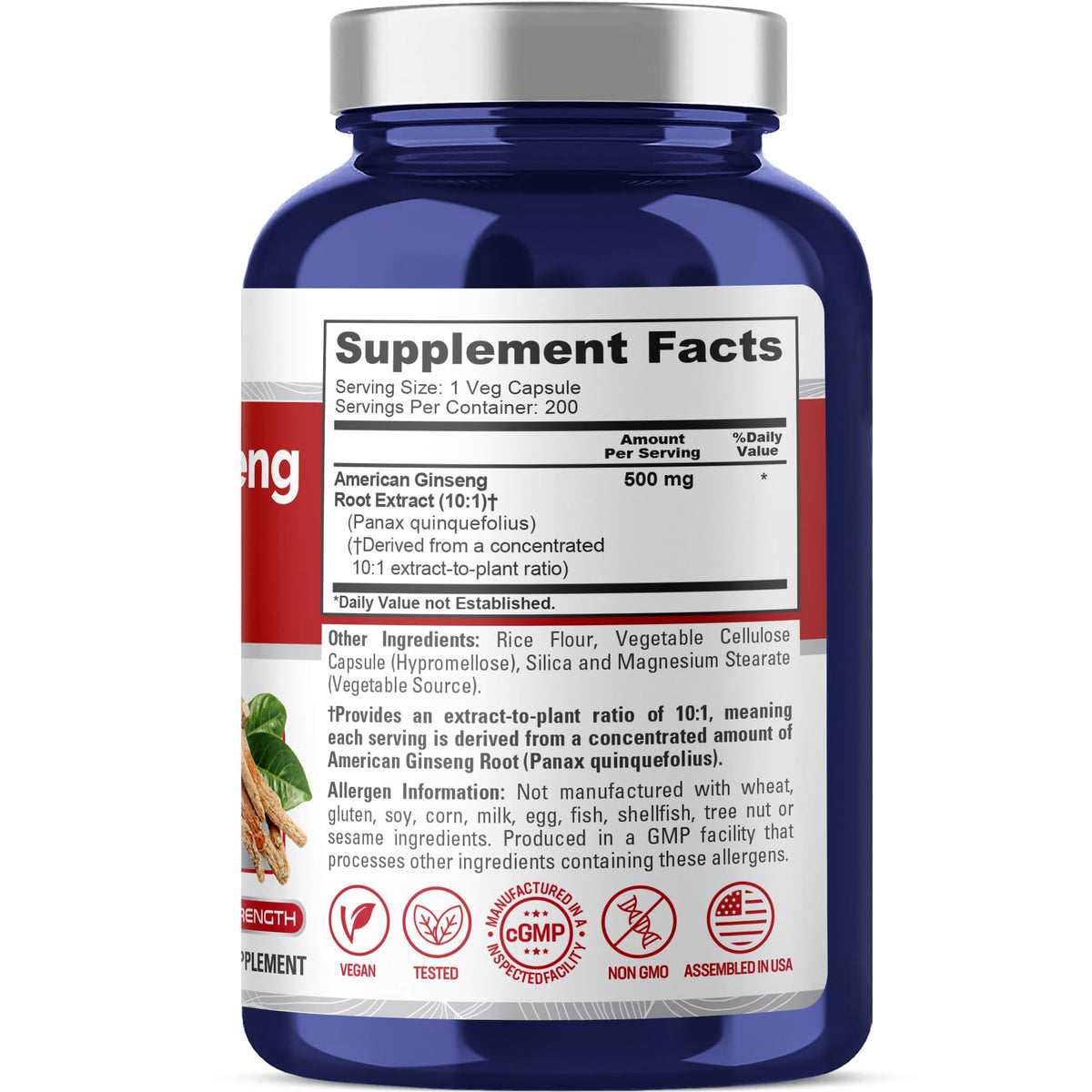 Capsules de Ginseng Américain NusaPure dans un flacon ouvert