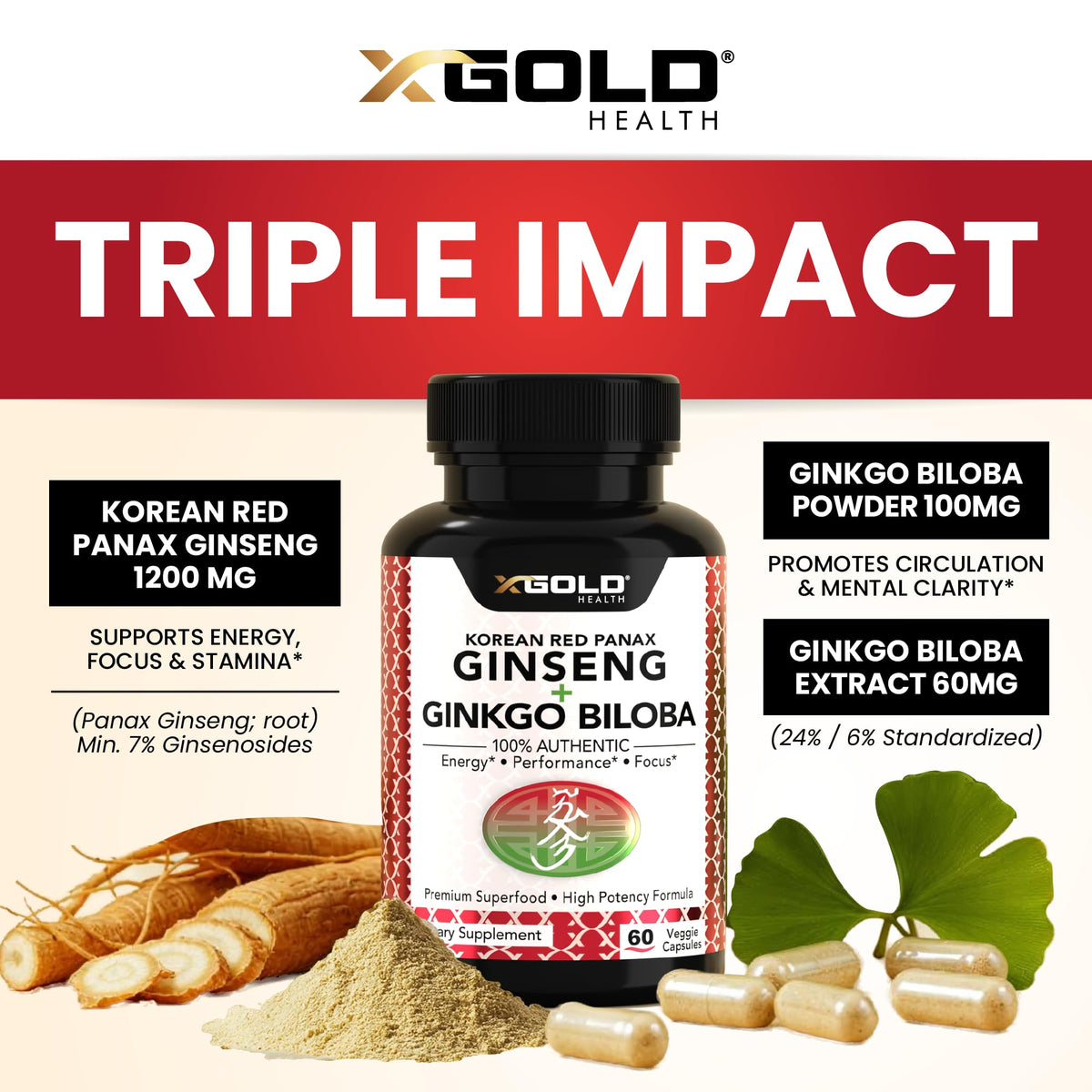 Capsules de ginseng rouge coréen et ginkgo biloba sur une table