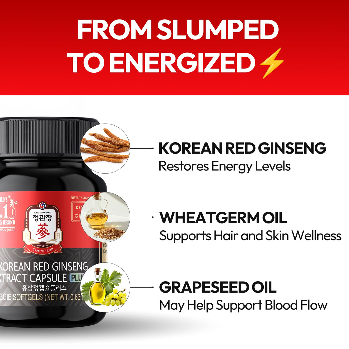Capsules de ginseng rouge coréen JUNG KWAN JANG à côté d'un verre d'eau