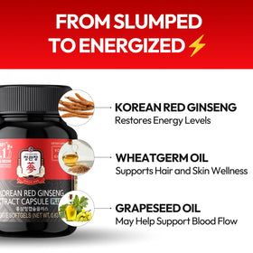 Capsules de ginseng rouge coréen JUNG KWAN JANG à côté d'un verre d'eau