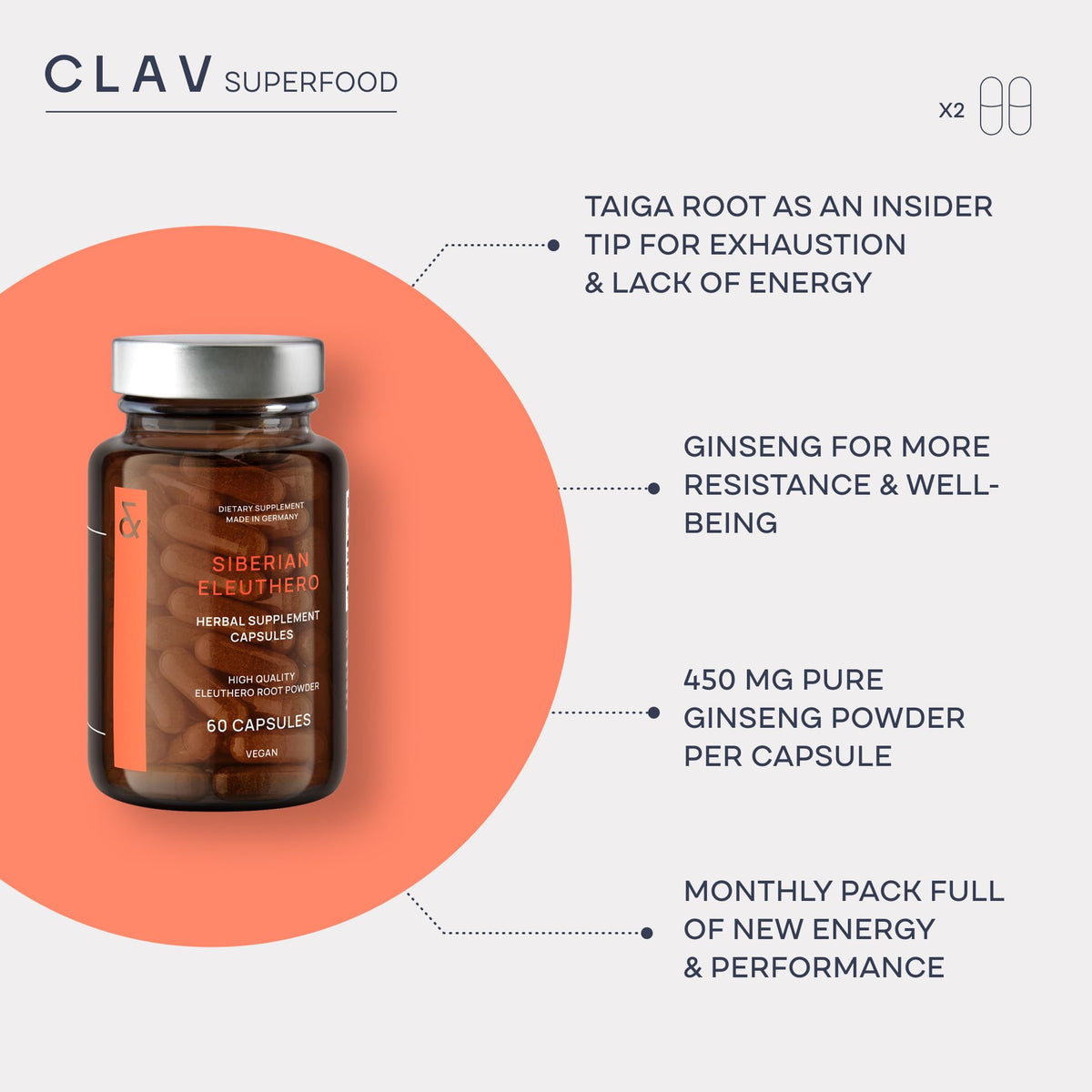 Capsules de ginseng sibérien CLAV avec étiquette visible