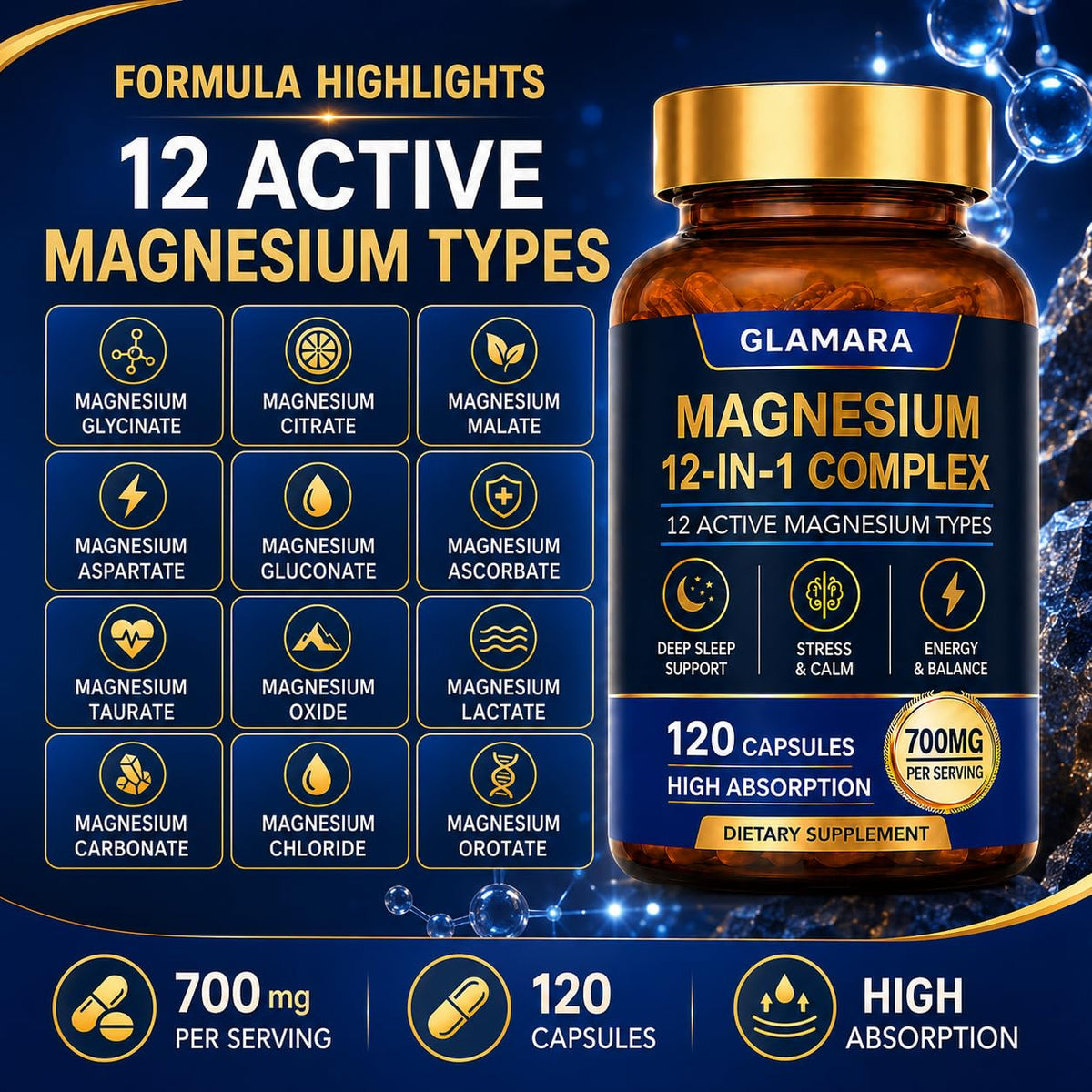 Capsules de GLAMARA Magnesium Complex 12 en 1 sur une surface blanche