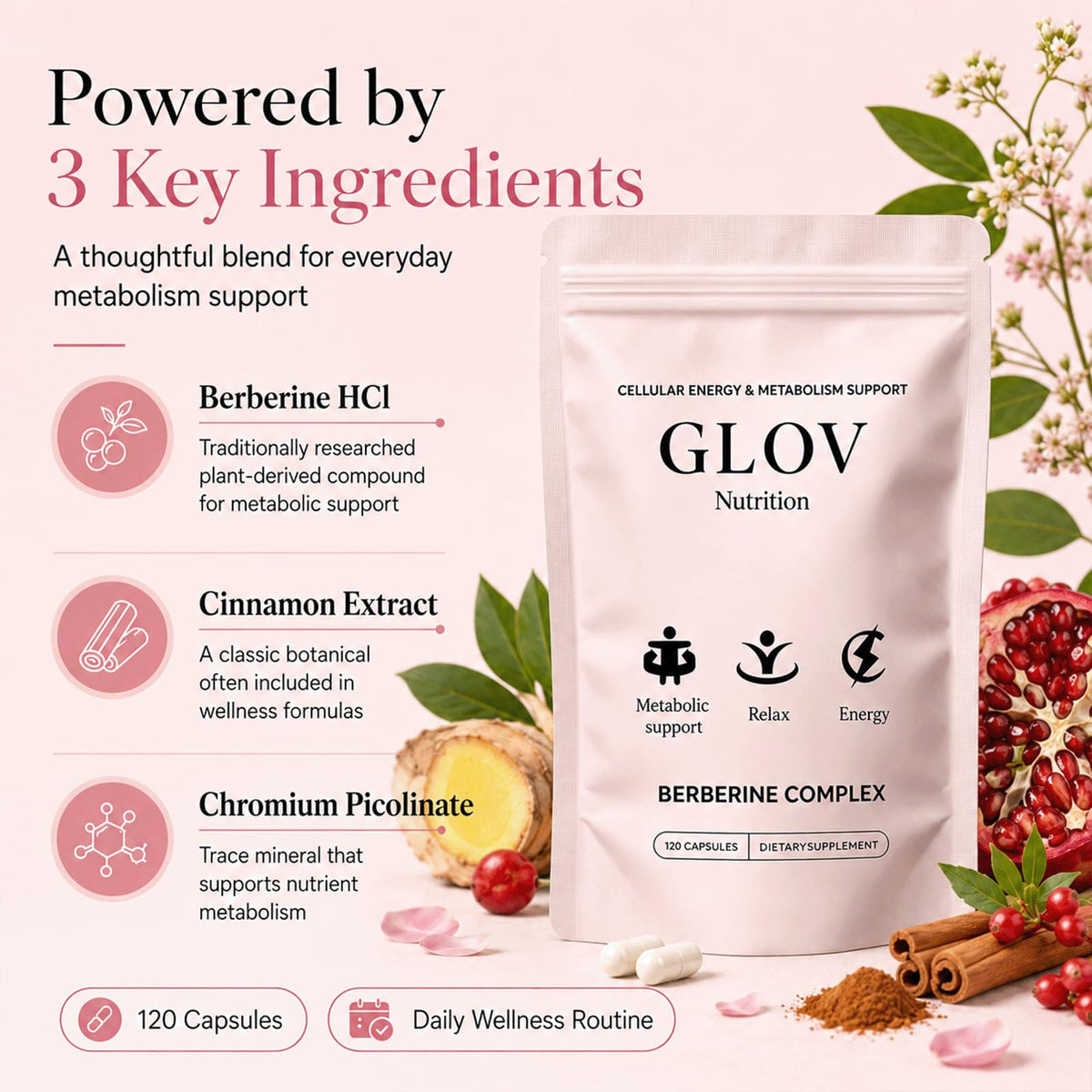 Capsules de Glov Organic Berberine Complex sur une surface blanche