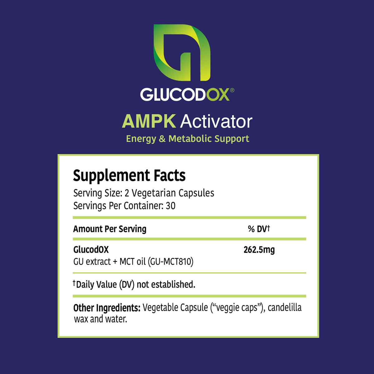 Capsules de GlucodOX AMPK Activator sur une surface blanche