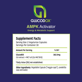 Capsules de GlucodOX AMPK Activator sur une surface blanche