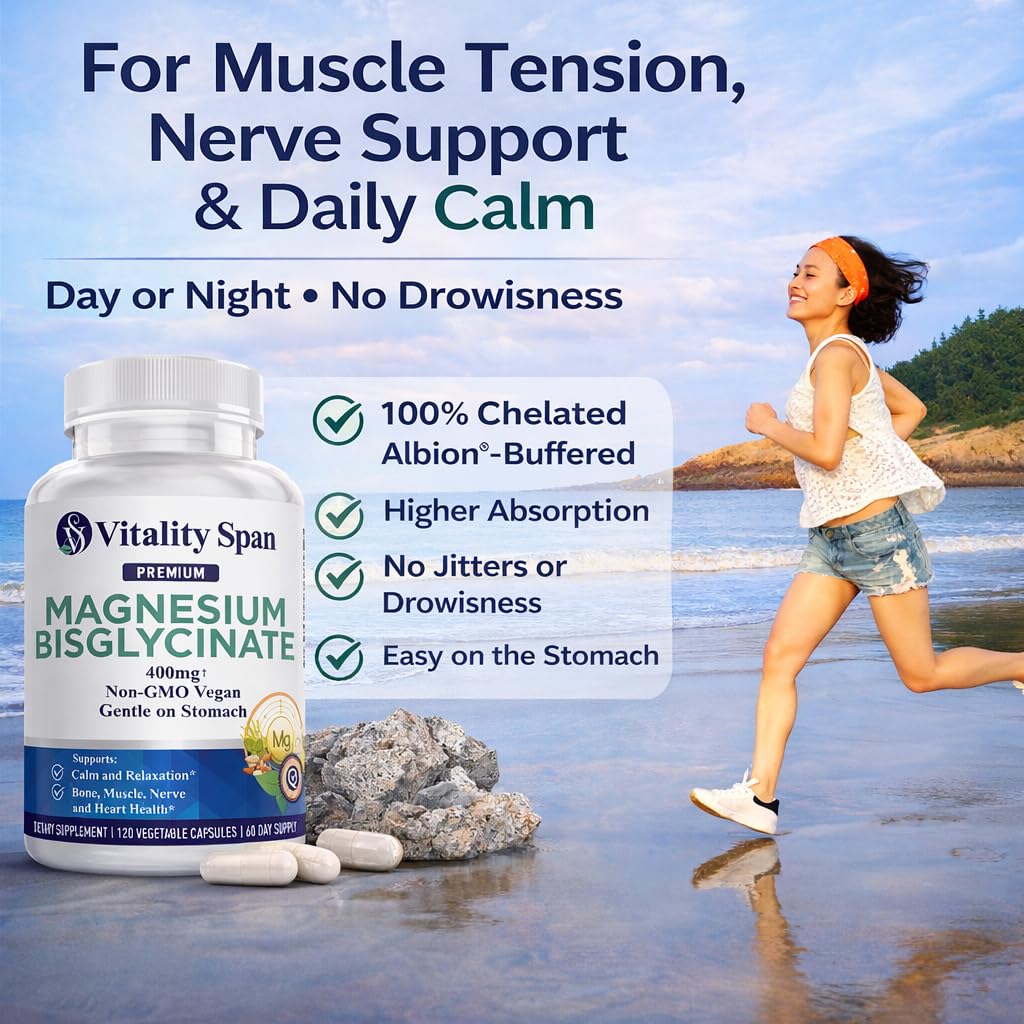 Capsules de Glycinate de Magnésium 400mg Vitality Span sur fond blanc