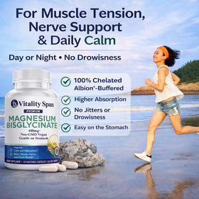 Capsules de Glycinate de Magnésium 400mg Vitality Span sur fond blanc
