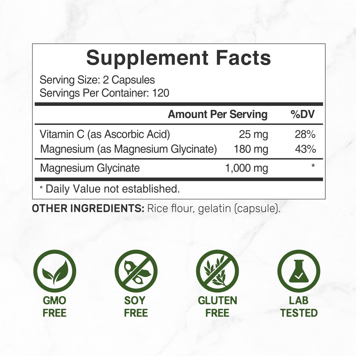 Capsules de glycinate de magnésium avec vitamine C sur fond blanc