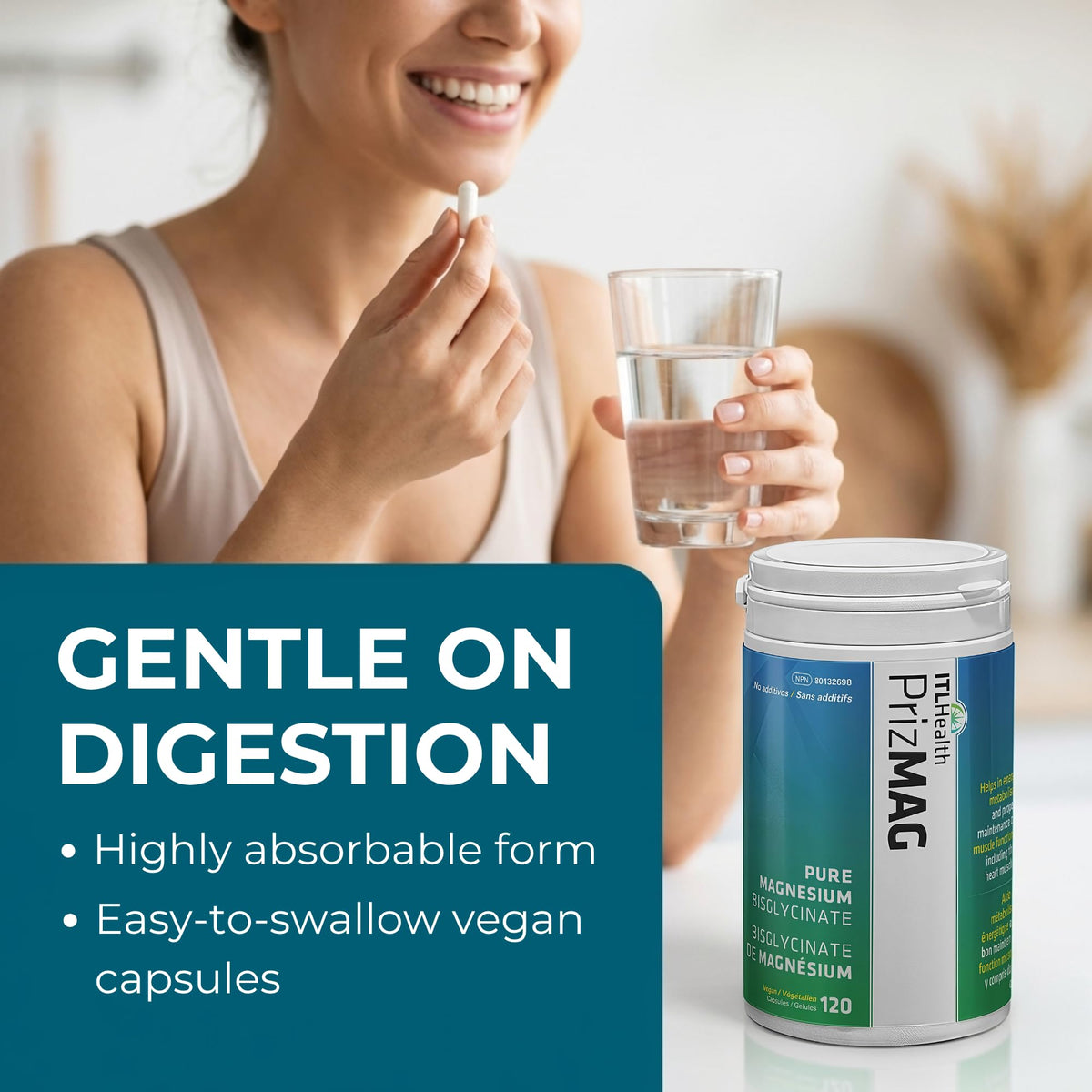 Capsules de glycinate de magnésium dans un verre