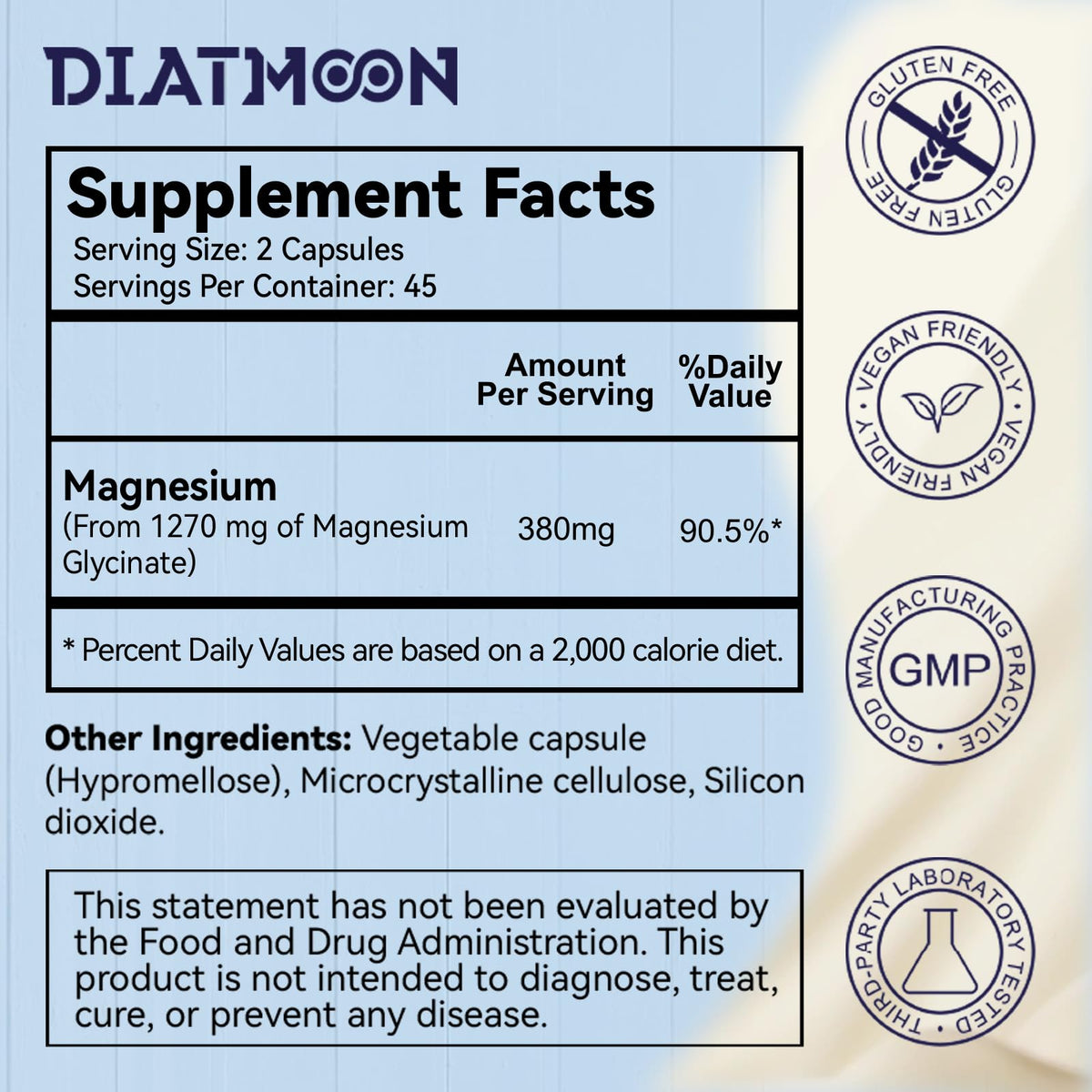 Capsules de glycinate de magnésium DIATMOON sur un fond neutre