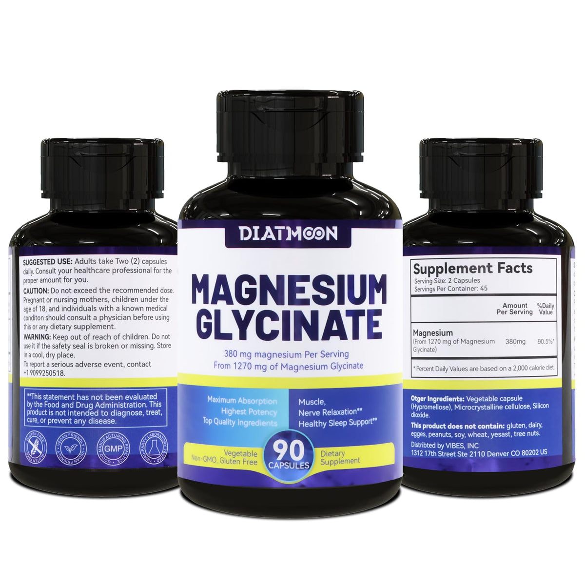 Capsules de glycinate de magnésium DIATMOON sur une surface blanche