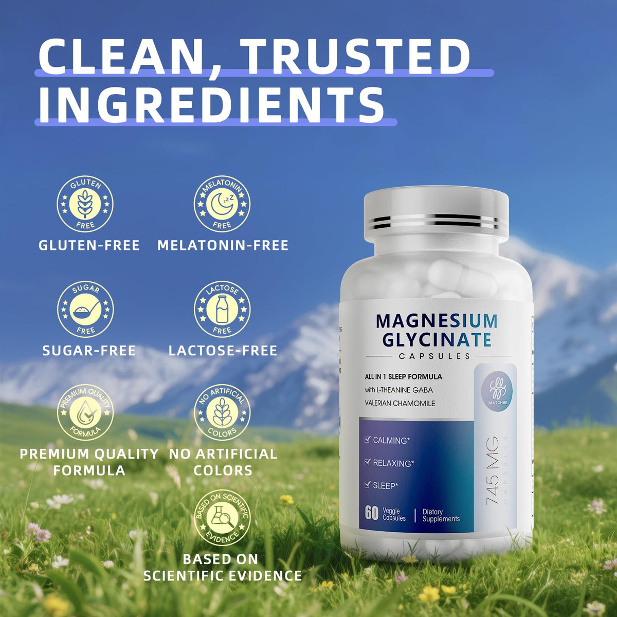 Capsules de glycinate de magnésium iMATCHME ouvertes sur une surface plane