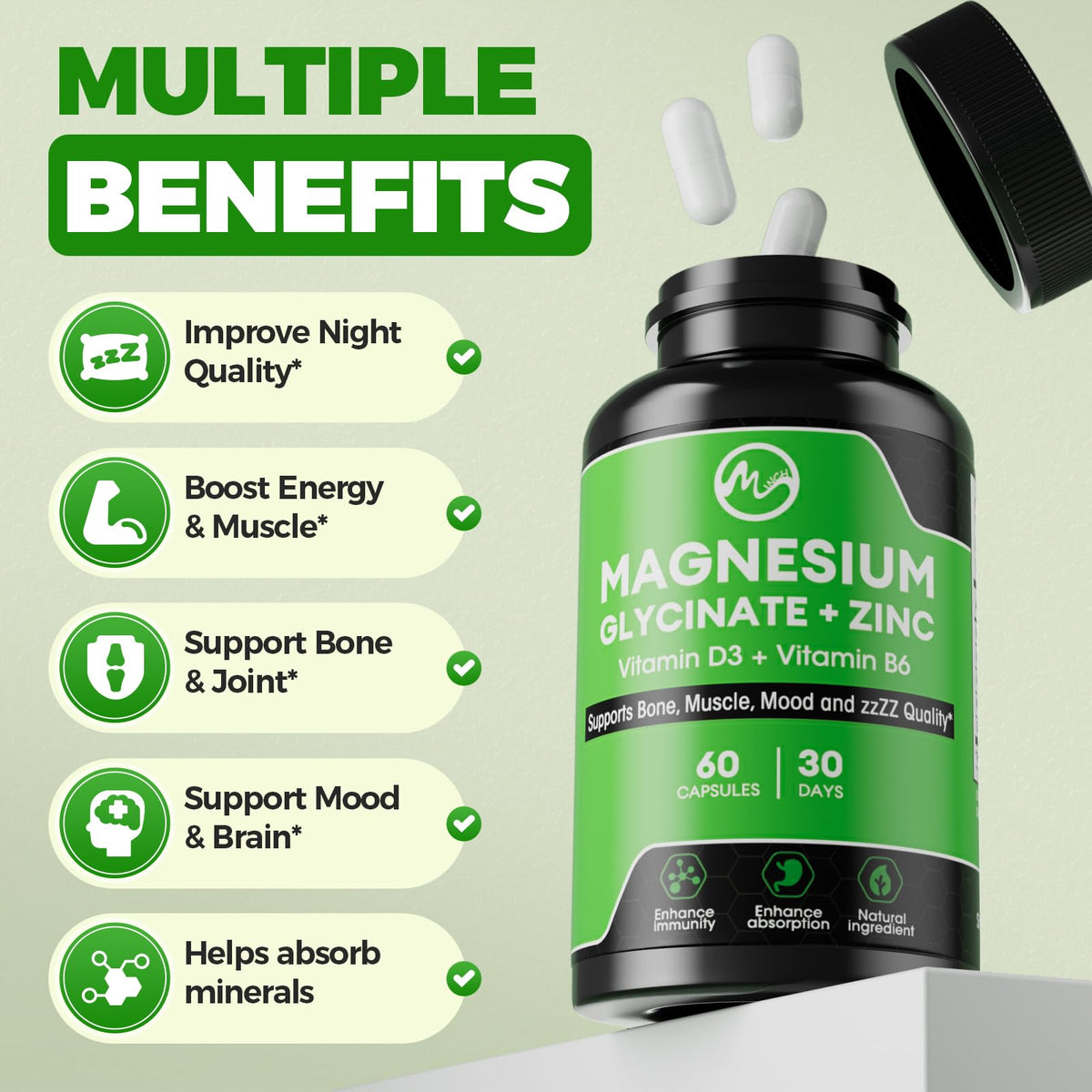 Capsules de Glycinate de Magnésium M inch sur un fond neutre