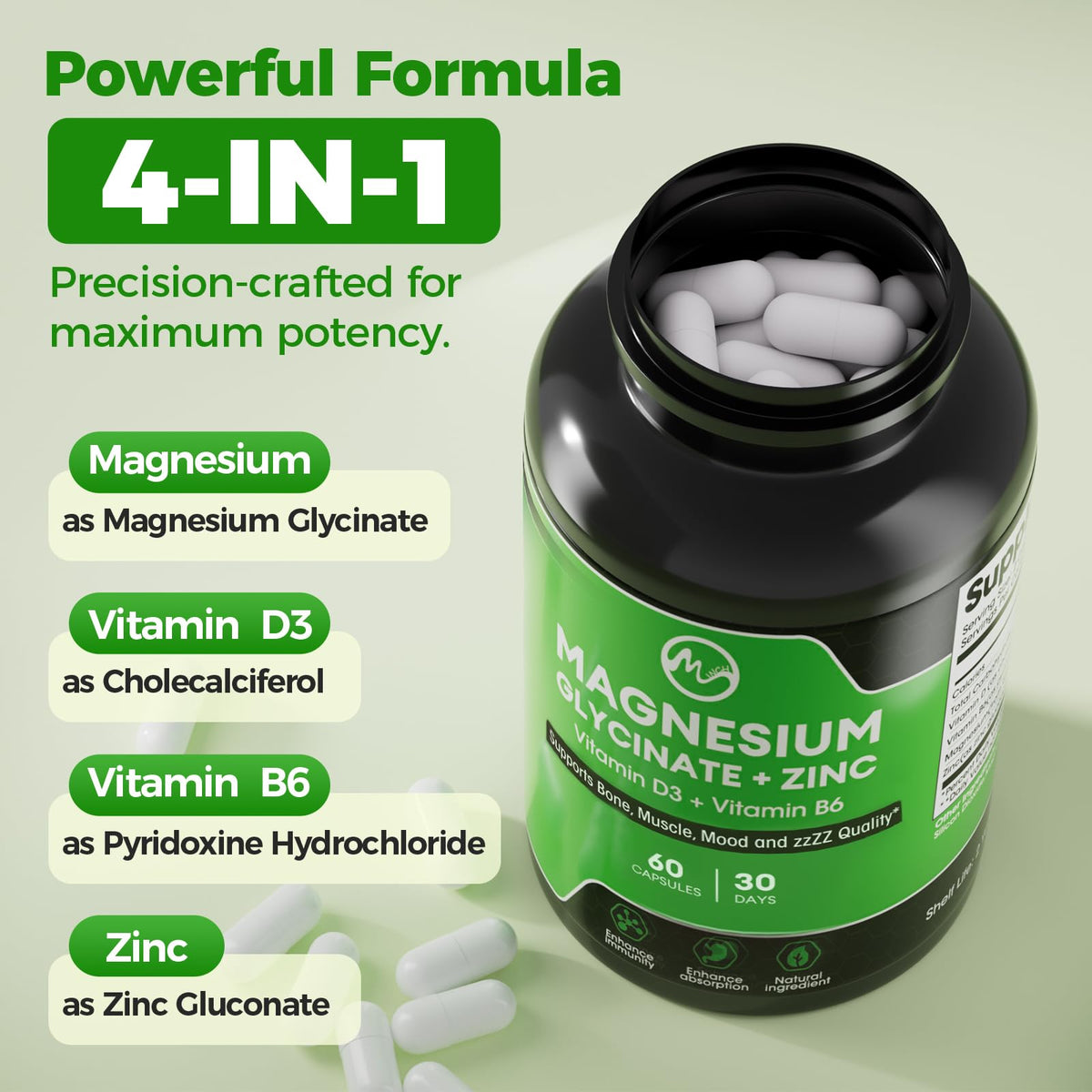 Capsules de glycinate de magnésium M inch sur une table