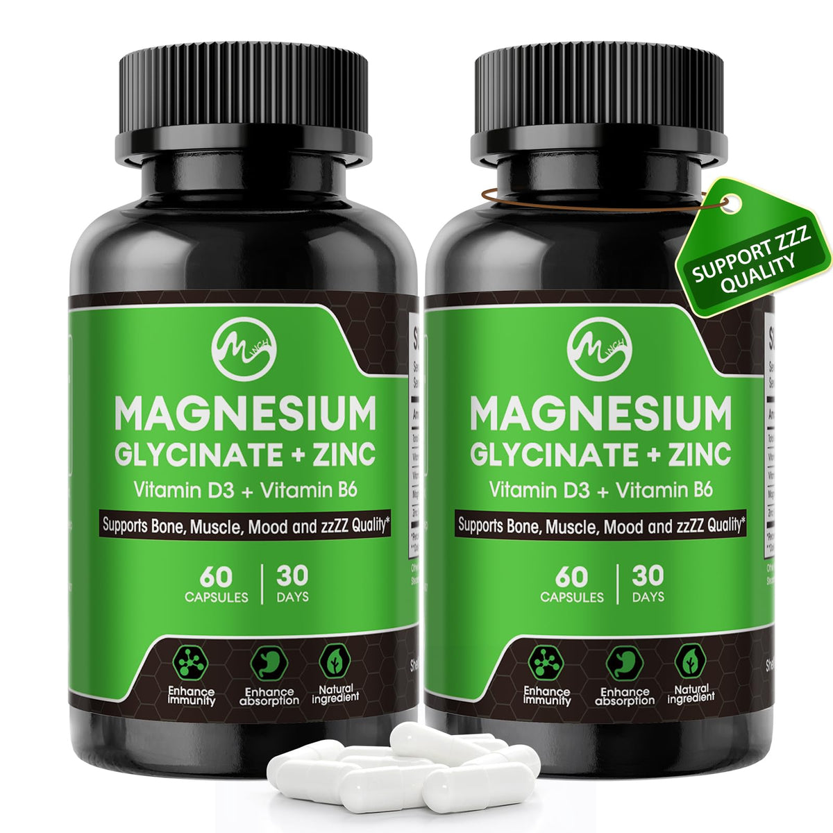 Capsules de Glycinate de Magnésium M inch, vue de face avec emballage
