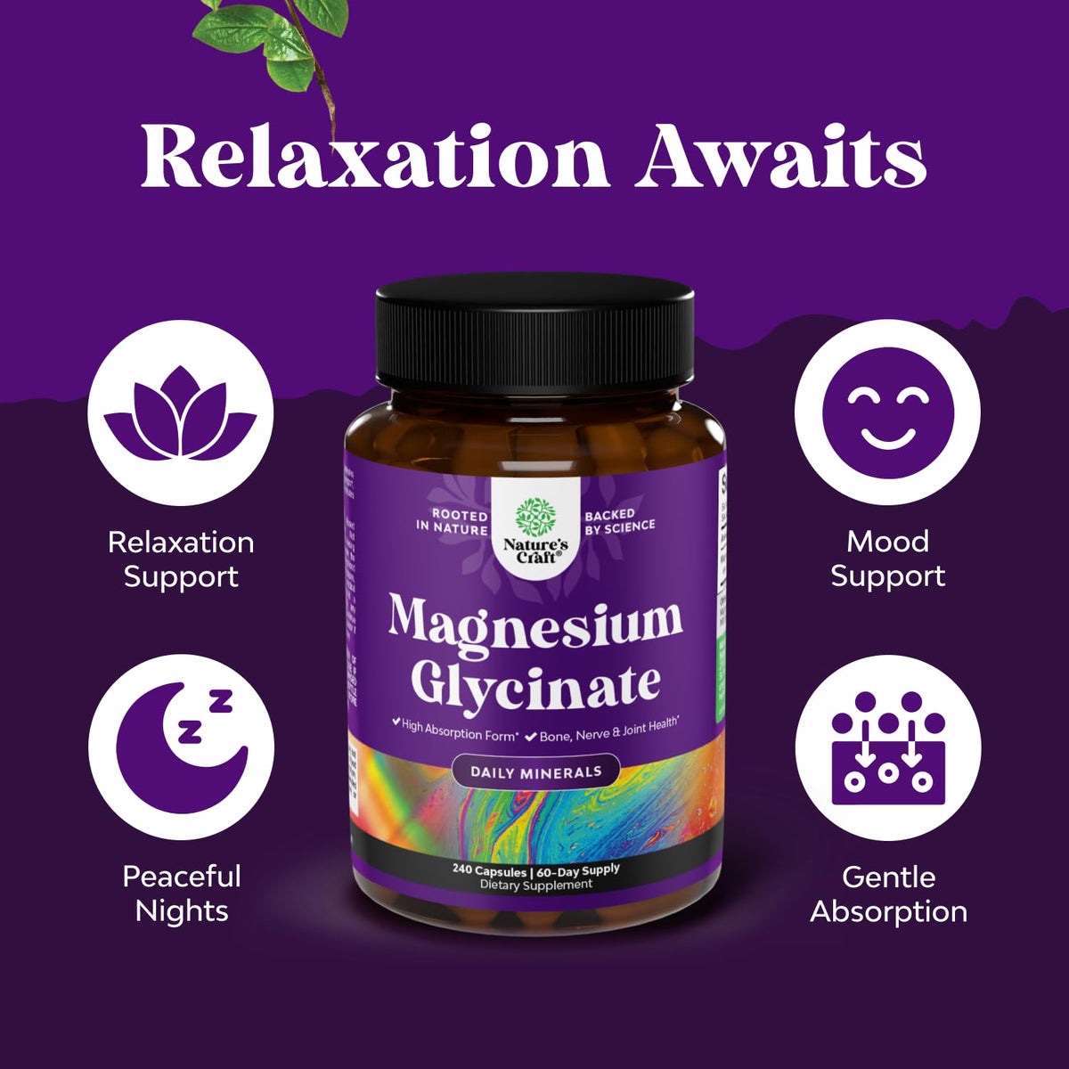 Capsules de glycinate de magnésium Natures Craft sur fond blanc