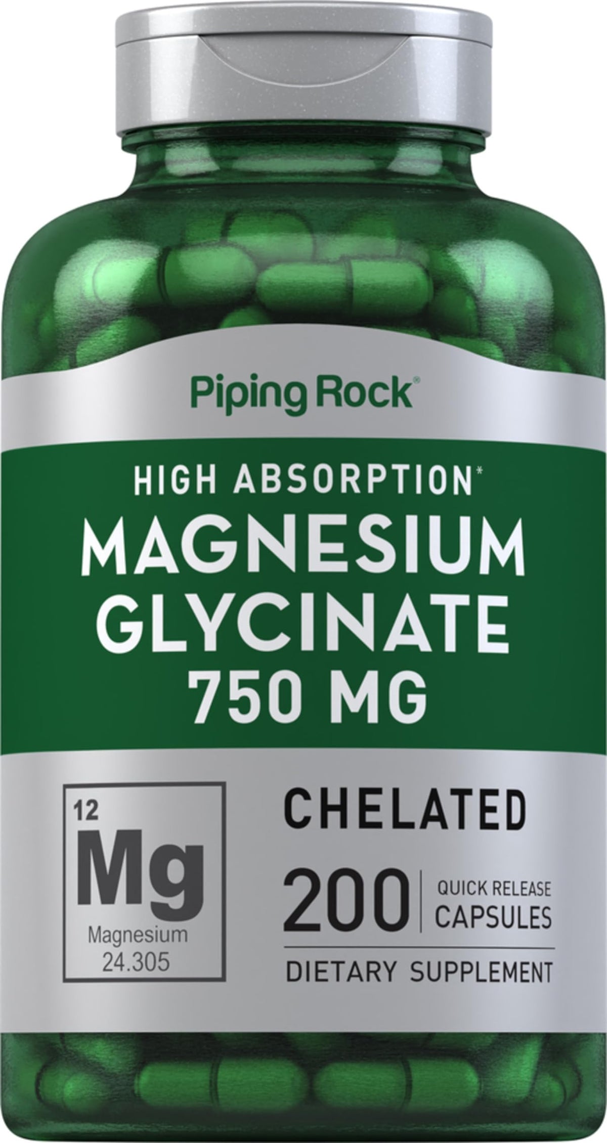 Capsules de Glycinate de Magnésium Piping Rock 750 mg - vue de face